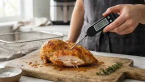 Detalle final de cómo cocinar pollo congelado en freidora de aire