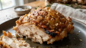 Detalle final de muslos de pollo en freidora de aire con piel crujiente