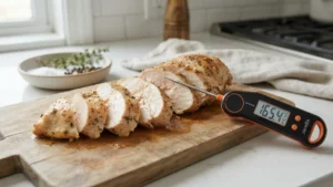 Detalle final de pechuga de pollo jugosa en freidora de aire tiempo y temperatura