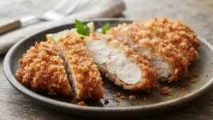 Detalle final de pollo empanizado saludable en freidora de aire