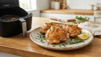 Muslos de pollo en freidora de aire con piel crujiente en freidora de aire