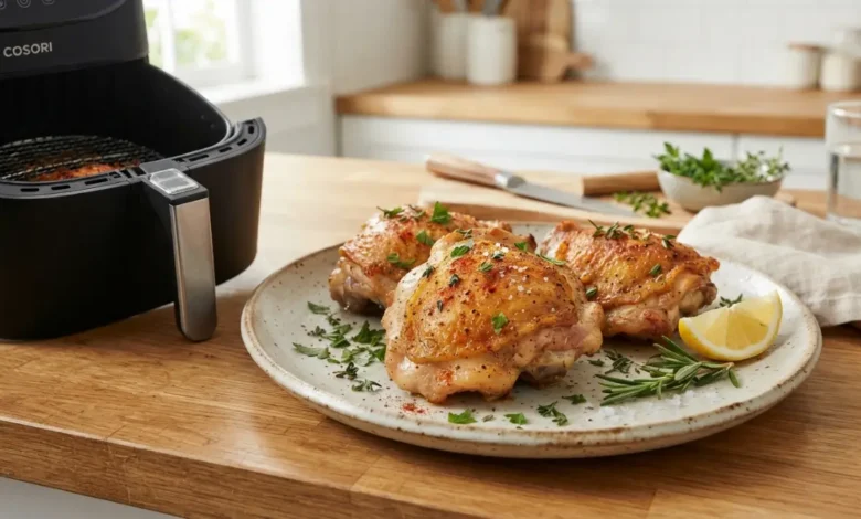 Muslos de pollo en freidora de aire con piel crujiente en freidora de aire