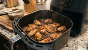 Alitas de pollo cocinándose dentro de la canasta del air fryer