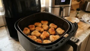 Nuggets caseros cocinándose dentro de la canasta del air fryer