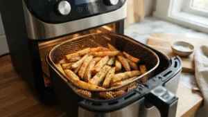 Papas fritas cocinándose dentro de la canasta del air fryer