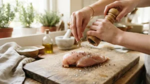 Pechuga de pollo dorándose en sartén a fuego medio-alto