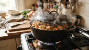 Arroz con pollo cocinándose tapado a fuego bajo