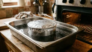 Molde de flan en baño maría antes de hornear