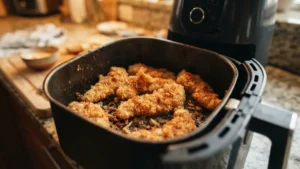 Pollo empanizado cocinándose dentro de la canasta del air fryer