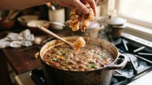 Agregando chicharrón a la sopa de frijoles caliente