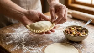 Rellenando y sellando masa para pastelitos hondureños