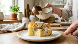 Bañando el bizcocho con la mezcla de tres leches