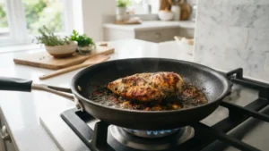 Pechuga de pollo cocinándose a la plancha para ensalada