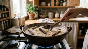 Arroz cociéndose lentamente en leche con canela