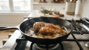 Filete de pollo sazonado cocinándose en sartén