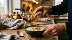 Decorando arroz con leche con canela en polvo