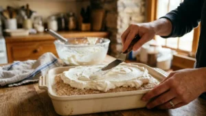 Decorando pastel de tres leches con crema batida