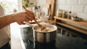 Decorando avena con frutas frescas y semillas