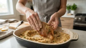 Empanizando pollo con pan molido y especias antes de cocinar en air fryer