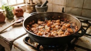 Chicharrón de cerdo friéndose lentamente hasta quedar crujiente