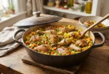 Arroz con pollo cocinado en una sola olla