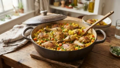 Arroz con pollo cocinado en una sola olla