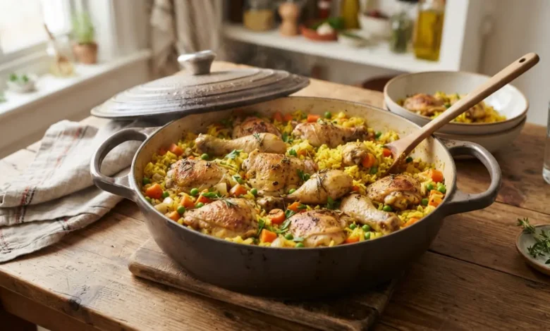 Arroz con pollo cocinado en una sola olla