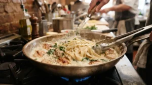 Mezclando pasta con salsa cremosa y pollo