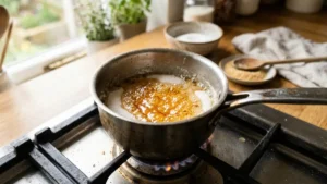 Caramelo dorándose en olla para preparar flan