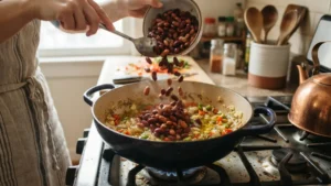 Agregando frijoles cocidos al sofrito para la sopa