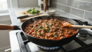 Carne molida sazonada cocinándose para enchiladas hondureñas