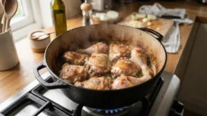 Sellando piezas de pollo antes de agregar el arroz