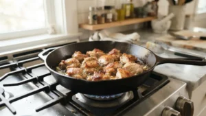 Pollo sellándose en sartén para pasta cremosa