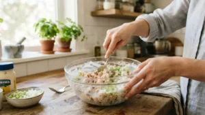 Sirviendo ensalada de atún sobre hojas verdes frescas