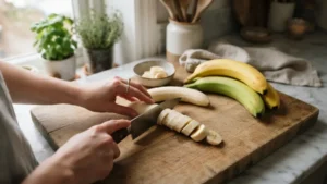 Cortando plátano en tajadas para preparar en air fryer