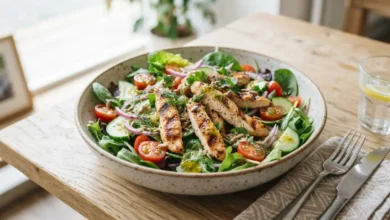 Ensalada de pollo saludable con vegetales frescos