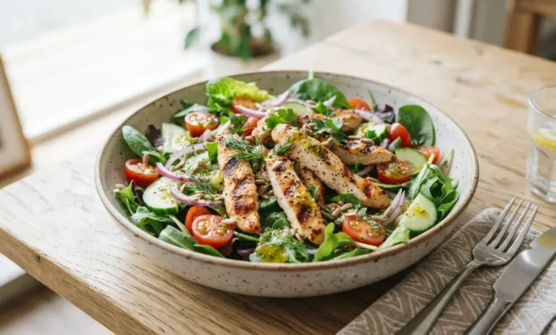 Ensalada de pollo saludable con vegetales frescos