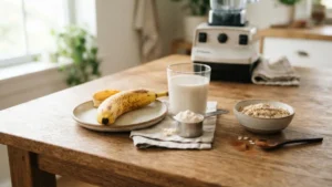 Ingredientes para batido proteico casero listos en la licuadora