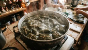 Nacatamales hondureños cocinándose en olla con agua hirviendo