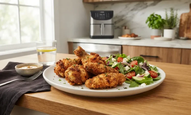 Pollo frito saludable y crujiente hecho en air fryer sin aceite