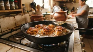Pollo marinado friéndose en sartén para las tajadas con pollo
