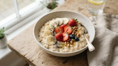 Avena con frutas frescas para desayuno fitness