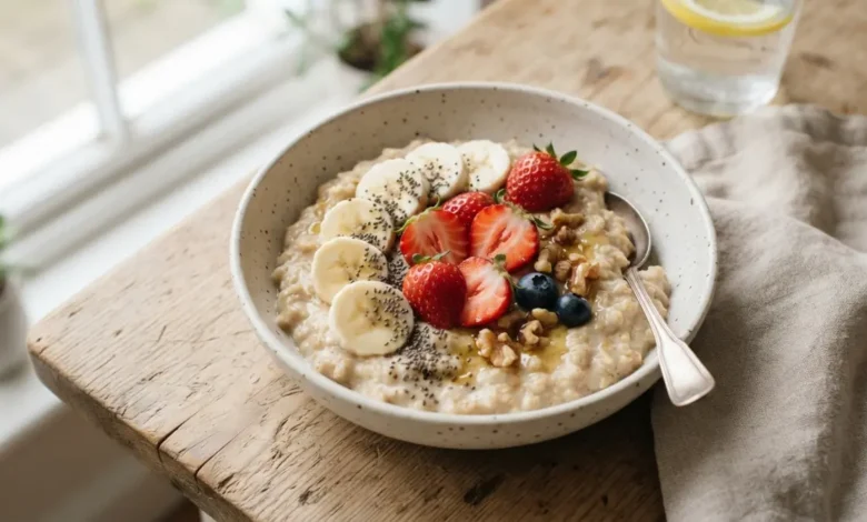 Avena con frutas frescas para desayuno fitness