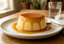 Flan de vainilla casero recién desmoldado con caramelo