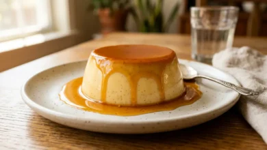 Flan de vainilla casero recién desmoldado con caramelo