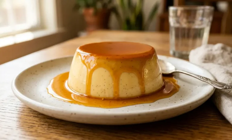 Flan de vainilla casero recién desmoldado con caramelo