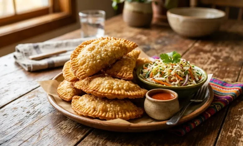 Pastelitos hondureños fritos servidos con curtido