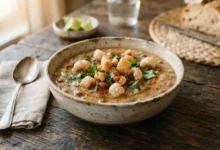 Sopa de frijoles con chicharrón servida en tazón