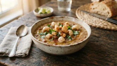 Sopa de frijoles con chicharrón servida en tazón