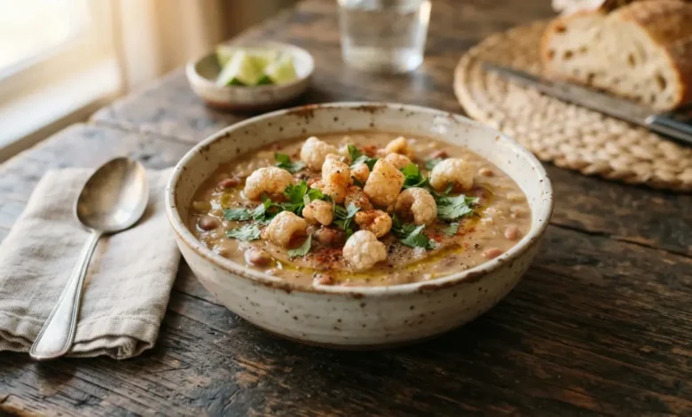 Sopa de frijoles con chicharrón servida en tazón